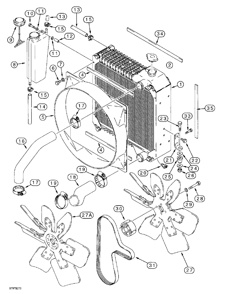 Схема запчастей Case 590L - (2-03A) - RADIATOR, FAN AND MOUNTING PARTS, USED WITH 235811A1 HEAVY DUTY OIL COOLER (SEE P. 6-21B FOR COOLER) (02) - ENGINE