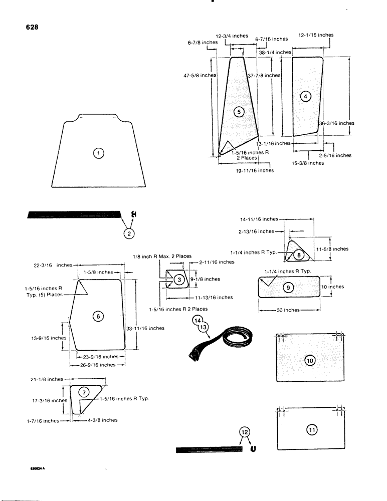 Схема запчастей Case 580E - (628) - CAB GLASS - U.S. DIMENSIONS (09) - CHASSIS/ATTACHMENTS