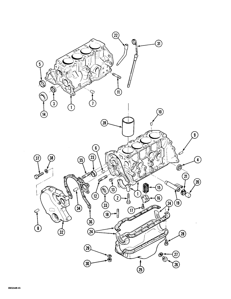 Схема запчастей Case 1825 - (2-38) - CYLINDER BLOCK AND OIL PAN, GASOLINE MODELS (02) - ENGINE