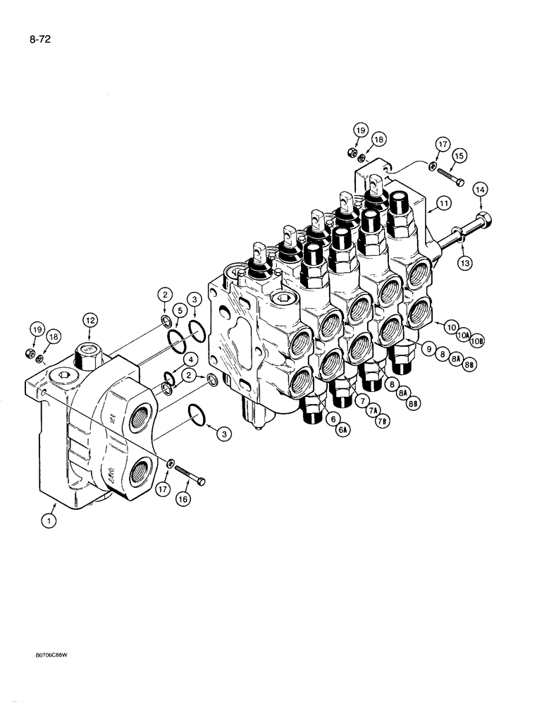 Схема запчастей Case 780D - (8-072) - BACKHOE CONTROL VALVE, WITH EXTENDABLE DIPPER (08) - HYDRAULICS