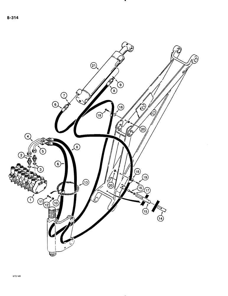 Схема запчастей Case DH4B - (8-314) - DIPPER CYLINDER HYDRAULIC CIRCUIT, REAR MOUNTED D100 BACKHOE - HORIZONTAL CONTROL VALVE (08) - HYDRAULICS