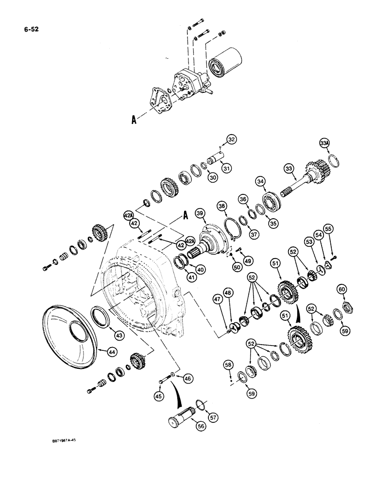 Схема запчастей Case W11B - (6-052) - CLARK TRANSMISSION, CHARGING PUMP AND REVERSE IDLER (06) - POWER TRAIN