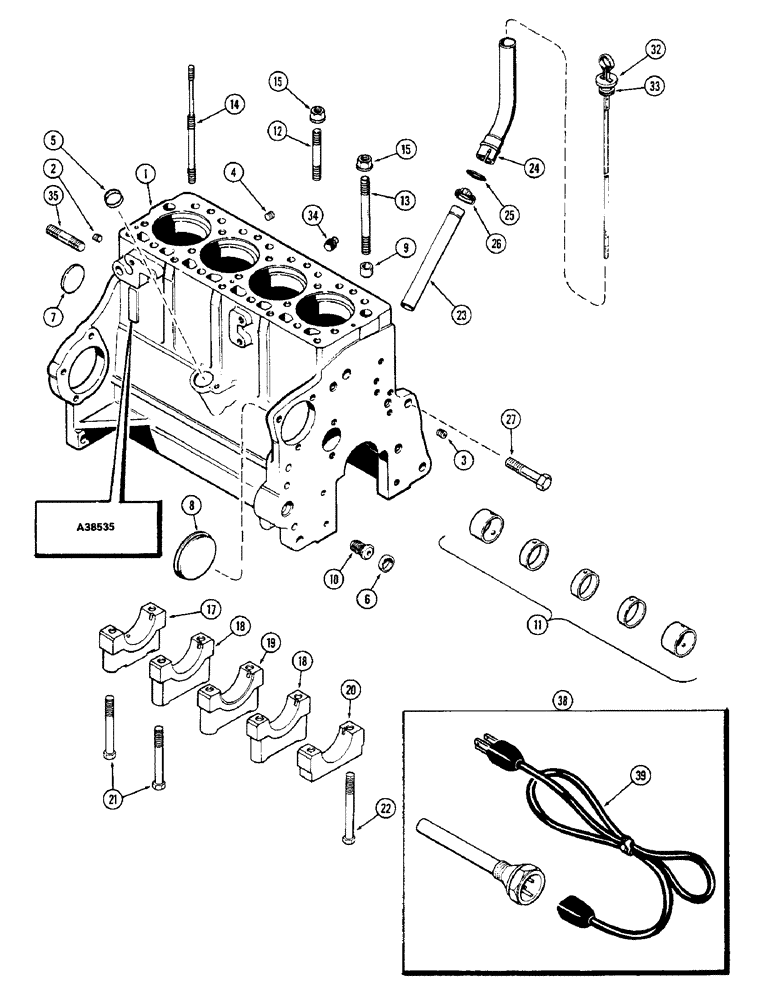 Схема запчастей Case 350 - (026) - CYLINDER BLOCK, 188 DIESEL ENGINE, USED PRIOR TO ENGINE S/N 2711005 WITH CYL. HEAD STUDS (01) - ENGINE