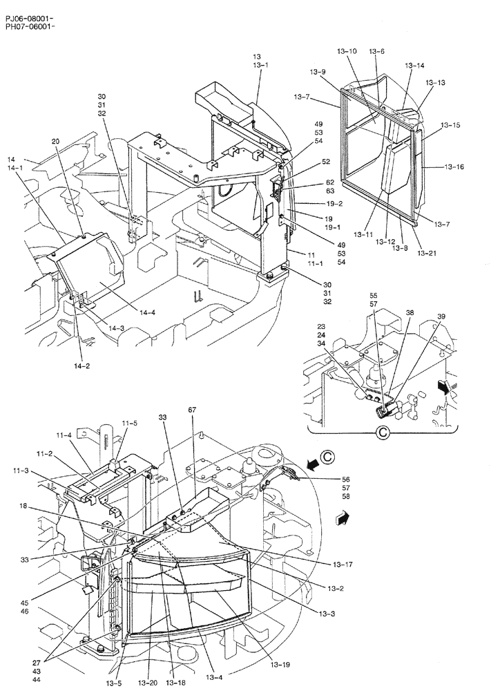 Схема запчастей Case CX50B - (01-073) - GUARD INSTAL (CAB) (PH21C00018F1) 2 OF 3 (05) - SUPERSTRUCTURE