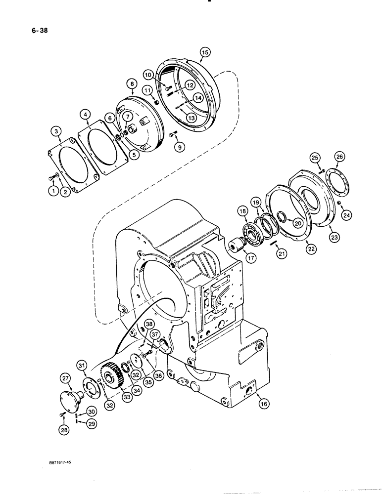 Схема запчастей Case W30 - (6-38) - ZF TRANSMISSION, IDLER GEAR, CONVERTER AND COVER (06) - POWER TRAIN