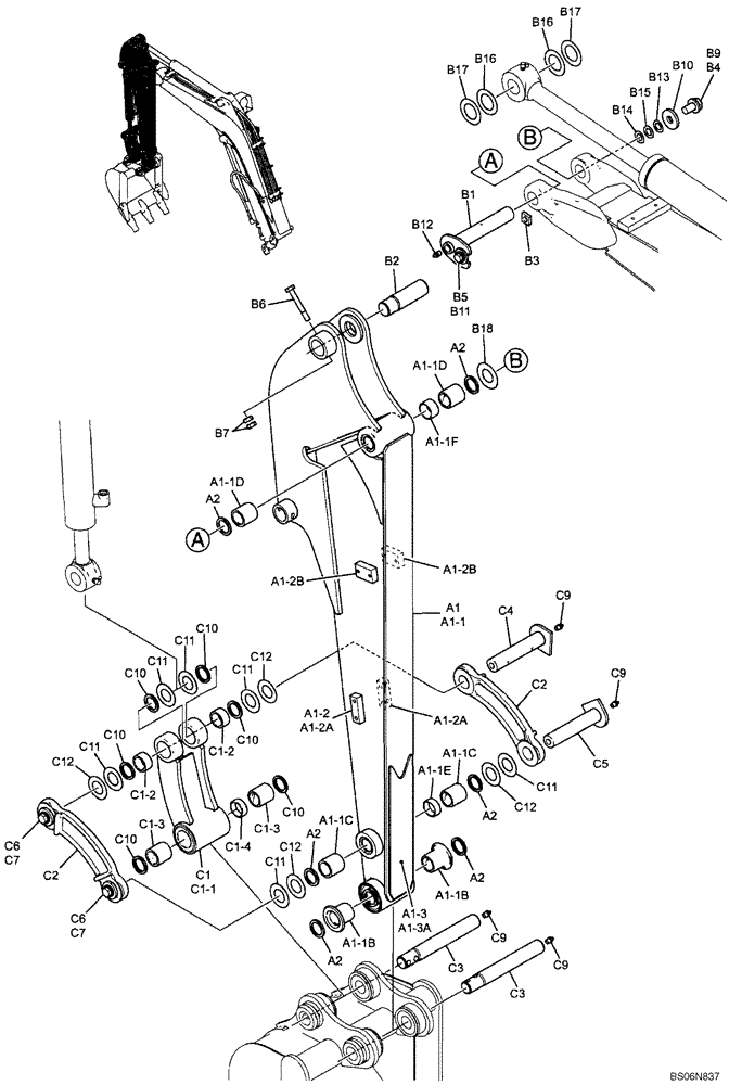 Схема запчастей Case CX17B - (05-003[00]) - ARM ASSY, LONG 1.20M (4 FT) (PU12B00052F1) (84) - BOOMS, DIPPERS & BUCKETS