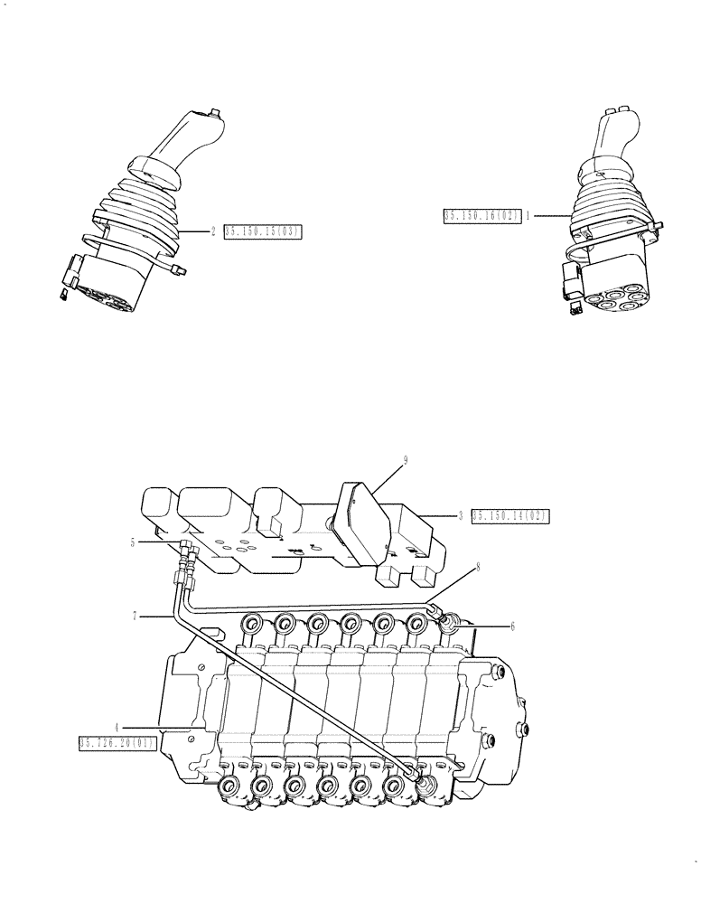 Схема запчастей Case 580SN WT - (35.726.04[04]) - VALVE - PILOT CONTROL AND JOYSTICKS (7 SPOOL, W/ EXT DIPPER, W/O AUX HYDS) (35) - HYDRAULIC SYSTEMS