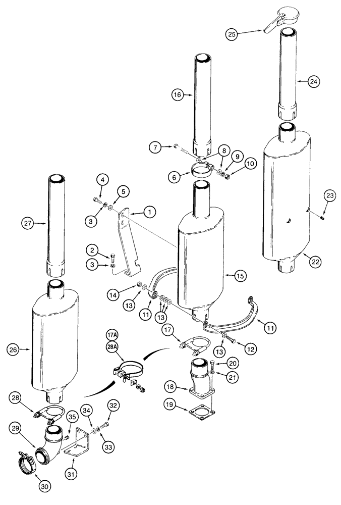 Схема запчастей Case 850E - (2-54) - MUFFLER MOUNTING AND EXHAUST PARTS, PARTS USED ON ALL MODELS (02) - ENGINE