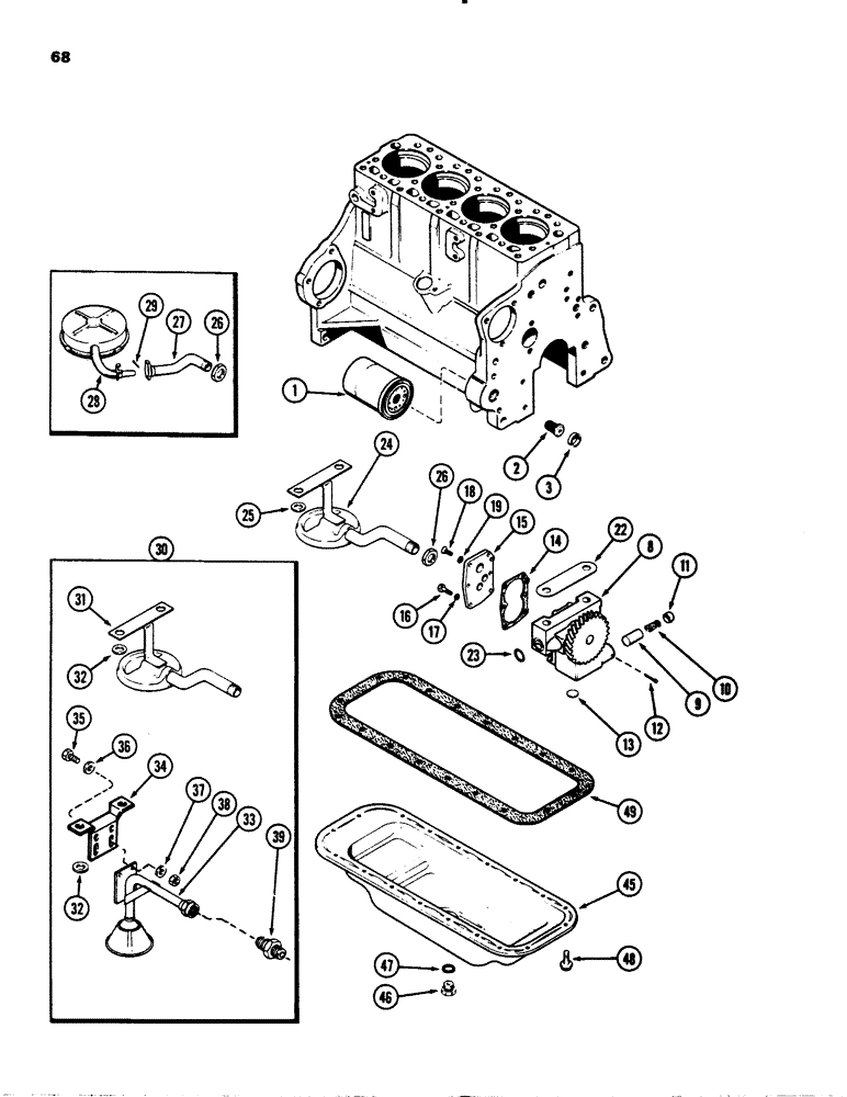 Схема запчастей Case 1845 - (068) - OIL FILTER, (188) DIESEL ENGINE, PRIOR TO ENGINE SERIAL NO. 4309700, OIL PUMP, OIL PAN (10) - ENGINE