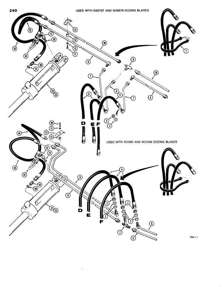 Схема запчастей Case 1150B - (240) - DOZER TILT AND PITCH HYDRAULIC CIRCUITS, GRILLE TO CYLINDER, USED W/R26676 & R26767 DOZING BLADES (07) - HYDRAULIC SYSTEM