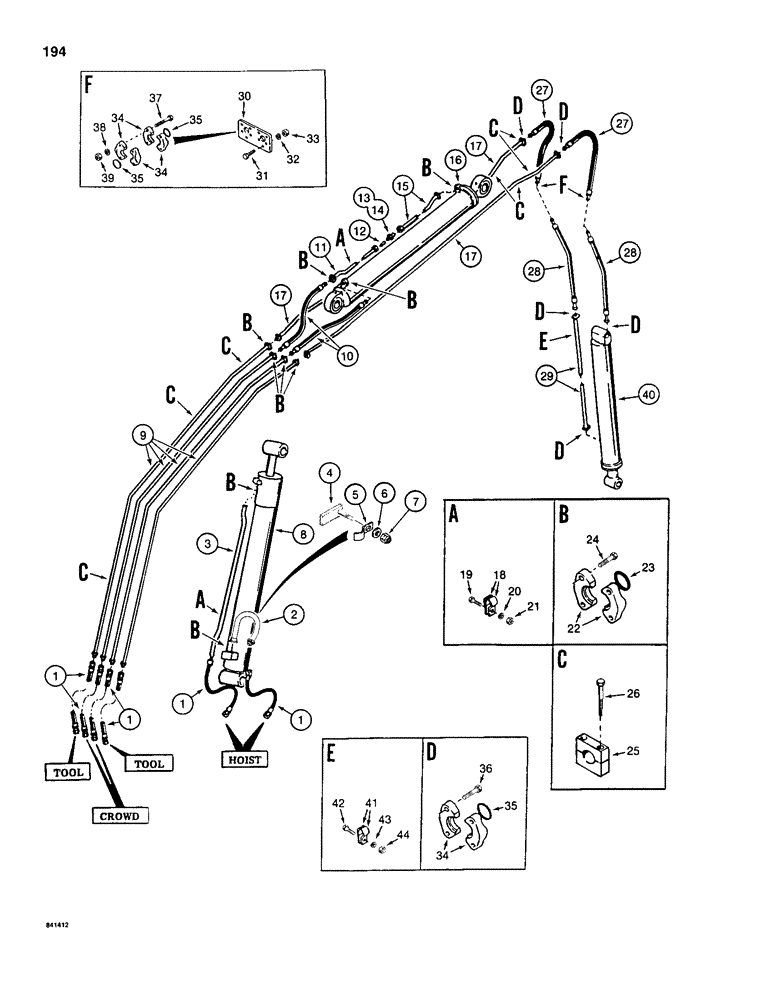 Схема запчастей Case 1280B - (194) - BOOM, ARM, AND TOOL CIRCUITS, CYLINDER HYDRAULIC LINES WITH 12 (3.66M) DIPPER (08) - HYDRAULICS