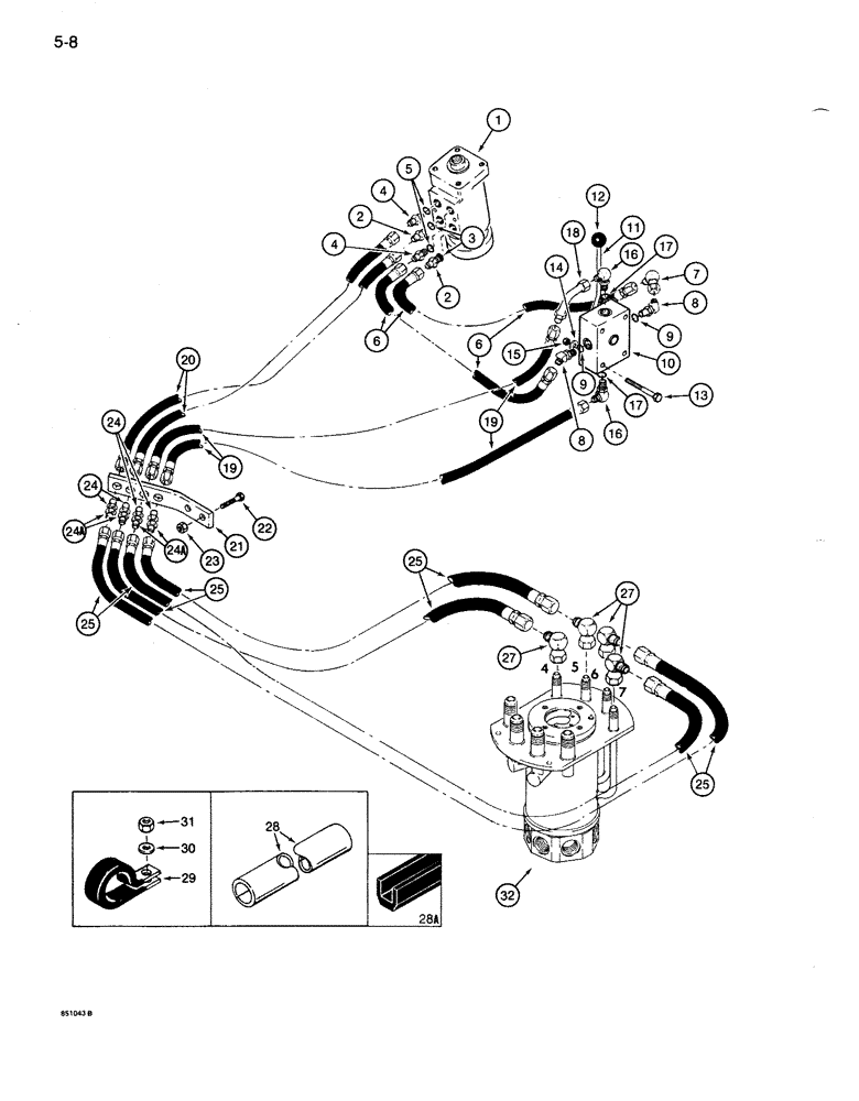 Схема запчастей Case 1085B - (5-008) - STEERING HYD. CIRCUIT, STEERING CNTRL. VALVE TO SWIVEL UNITS W/MALE TUBE PORTS ON HYD. SWIVEL (05) - STEERING