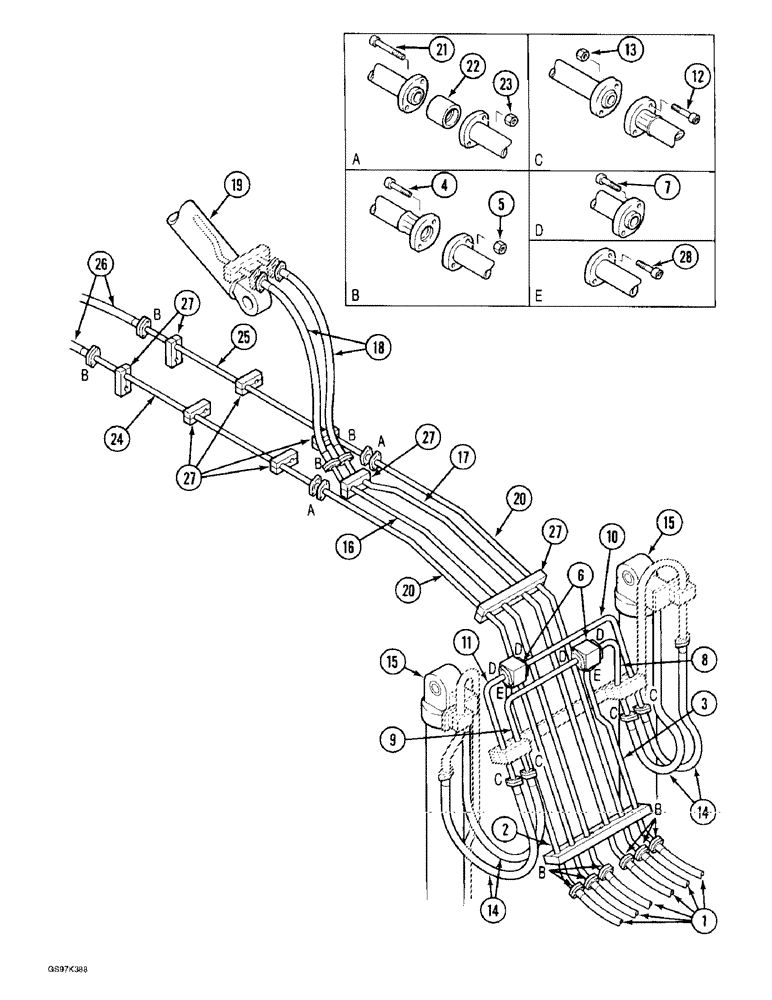 Схема запчастей Case 170C - (8-076) - BOOM, ARM AND TOOL CYLINDER CIRCUITS, TUBES AT BOOM (08) - HYDRAULICS