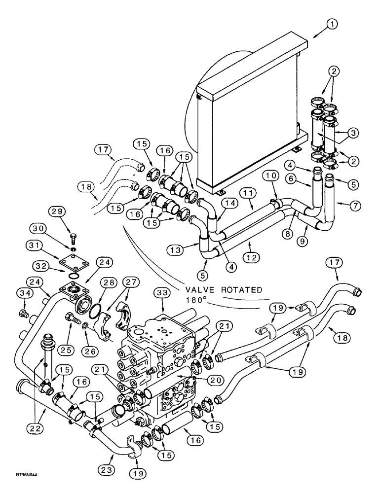 Схема запчастей Case 9060B - (8-016) - OIL COOLER HYDRAULICS, VALVE TO COOLER AND COOLER RETURN (08) - HYDRAULICS