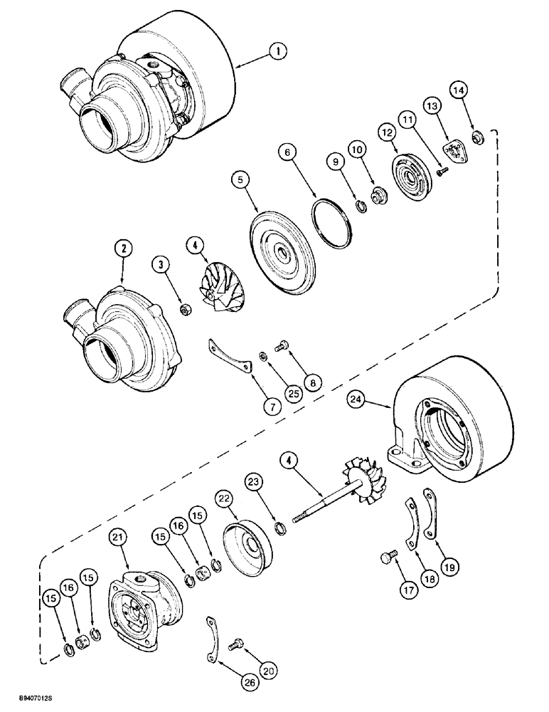 Схема запчастей Case 580L - (2-026) - TURBOCHARGER ASSEMBLY, 4T-390 ENGINE (02) - ENGINE