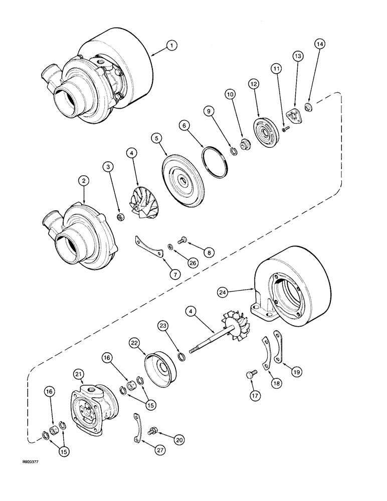 Схема запчастей Case 580SK - (2-28) - TURBOCHARGER ASSEMBLY, 4T-390 ENGINE (02) - ENGINE