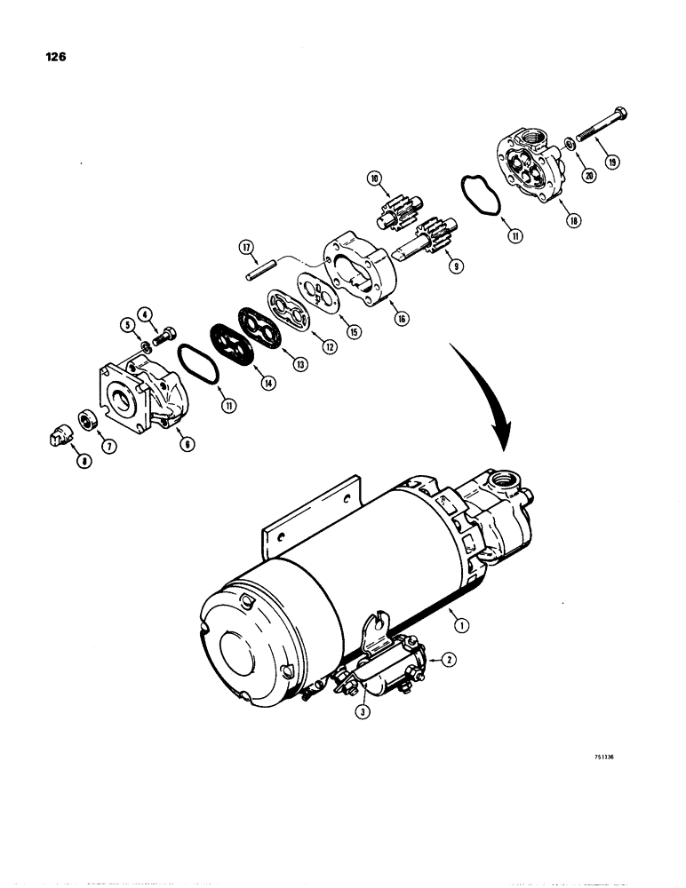 Схема запчастей Case W24B - (126) - L70813 AUXILIARY STEERING PUMP AND MOTOR (05) - STEERING