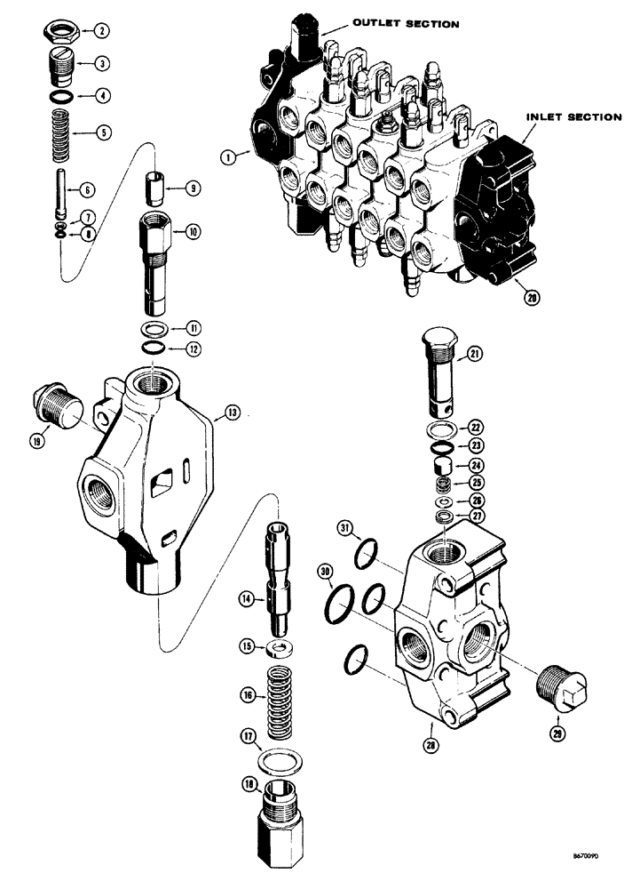 Схема запчастей Case 33S - (084) - D40764 BACKHOE OUTLET SECTION AND D37349 INLET SECTION 