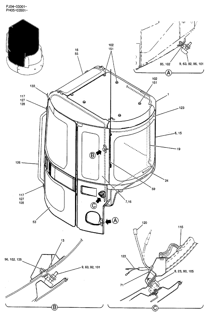 Схема запчастей Case CX50B - (02-065) - CAB ASSEMBLY, P/N PW02C00015F1 (05) - SUPERSTRUCTURE