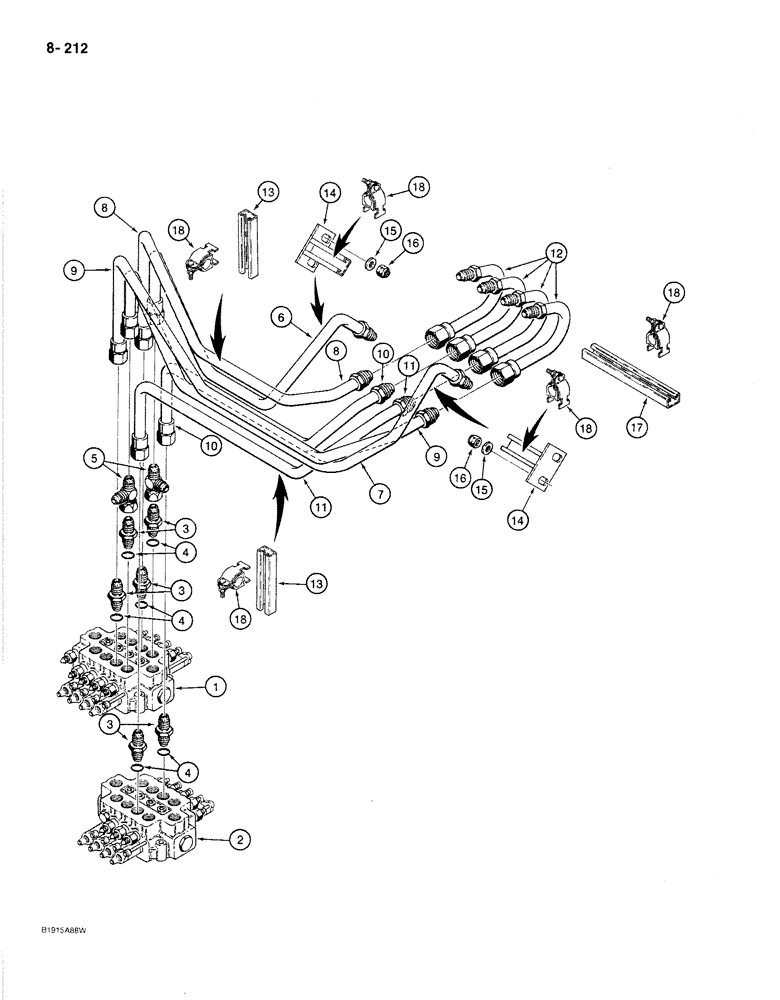 Схема запчастей Case 1080B - (8-212) - BOOM, ARM, AND TOOL CYLINDER CIRCUIT, TUBES FROM VALVES (08) - HYDRAULICS