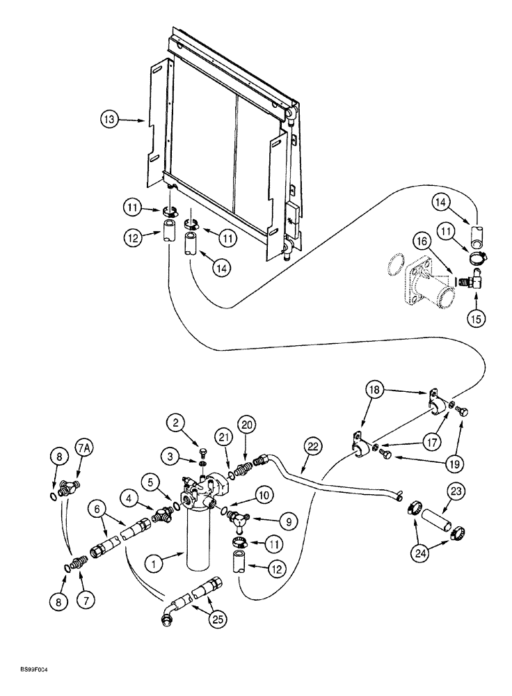 Схема запчастей Case 580SL - (8-009A) - EQUIPMENT HYDRAULIC SYSTEM, OIL COOLER LINES, RETURN LINES & FILTER, WITH CUT HOSES AT COOLER (08) - HYDRAULICS