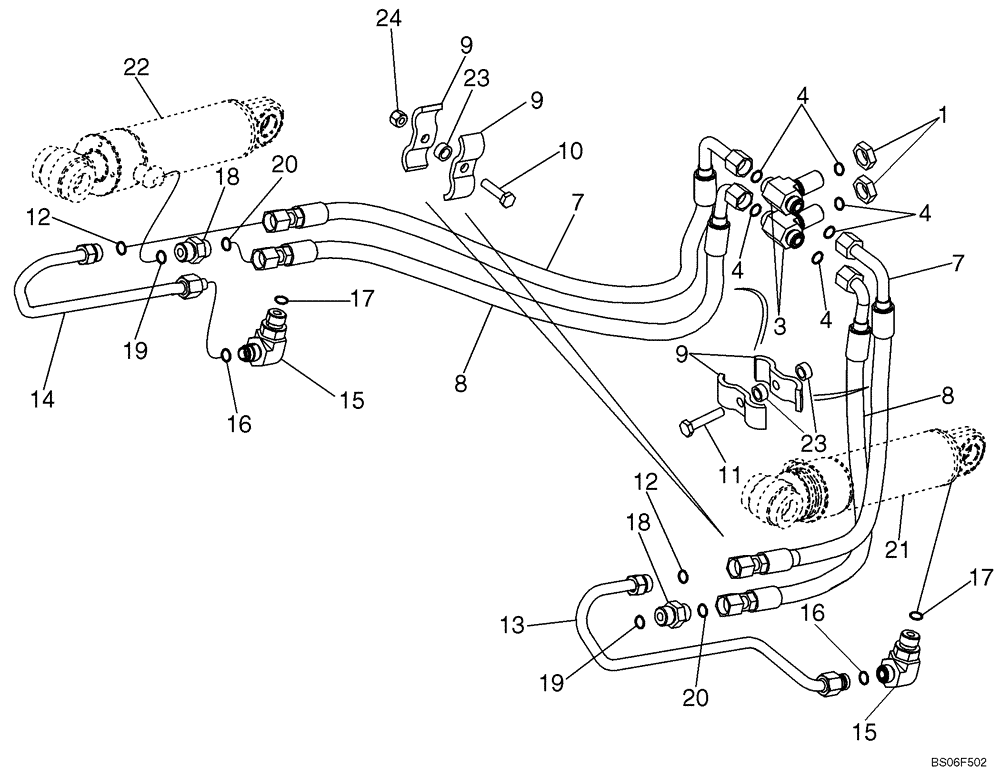 Схема запчастей Case 1150K - (08-09) - HYDRAULICS - RIPPER, REAR OF TRACTOR TO CYLINDERS (08) - HYDRAULICS