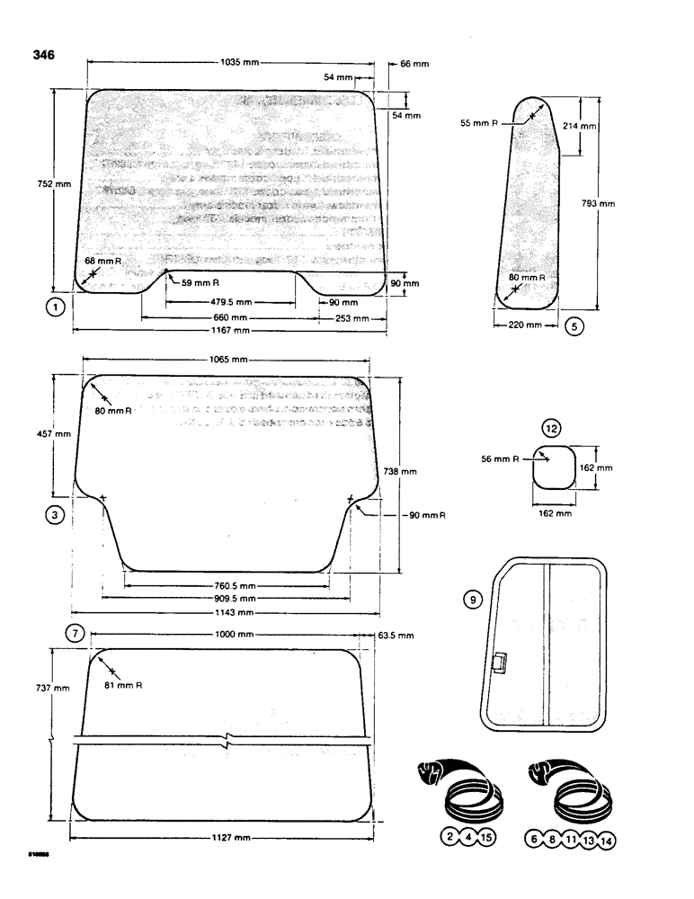 Схема запчастей Case 855C - (346) - CAB GLASS, METRIC DIMENSIONS (05) - UPPERSTRUCTURE CHASSIS