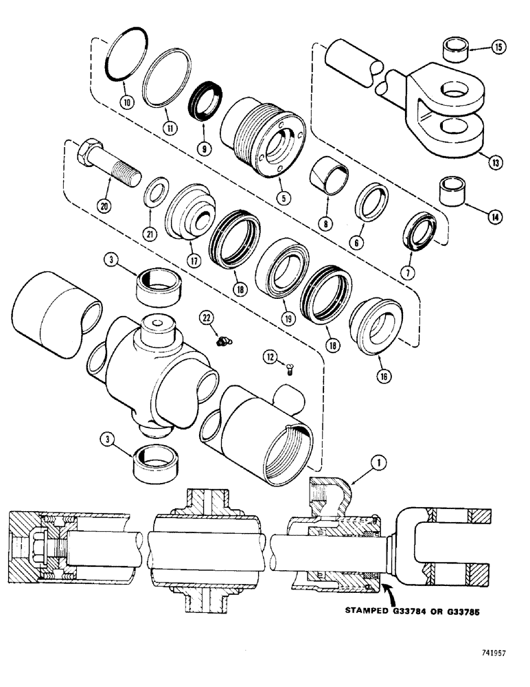 Схема запчастей Case 780 - (394) - G33784 AND G33785 LOADER BUCKET TILT CYLINDERS, GLAND IS STAMPED W/ CYLINDER PART NO. (08) - HYDRAULICS