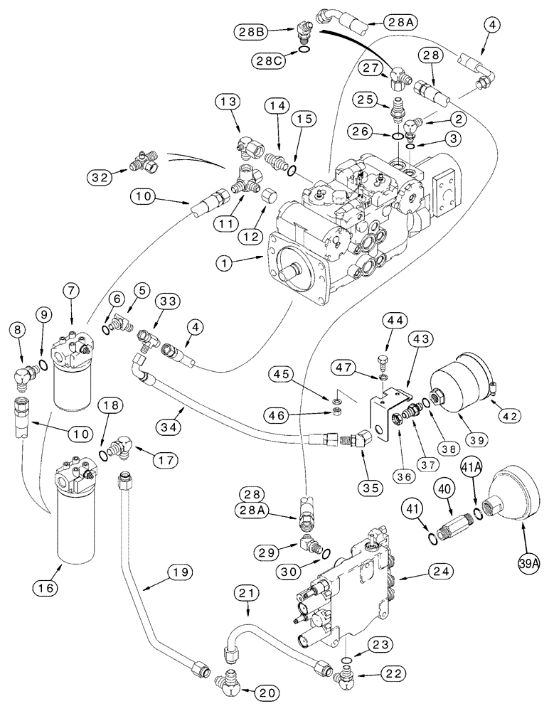 Схема запчастей Case 95XT - (06-03) - HYDROSTATICS - PUMP, SUPPLY & RETURN, TANDEM PUMP & CONTROL VALVE TO FILTERS (06) - POWER TRAIN