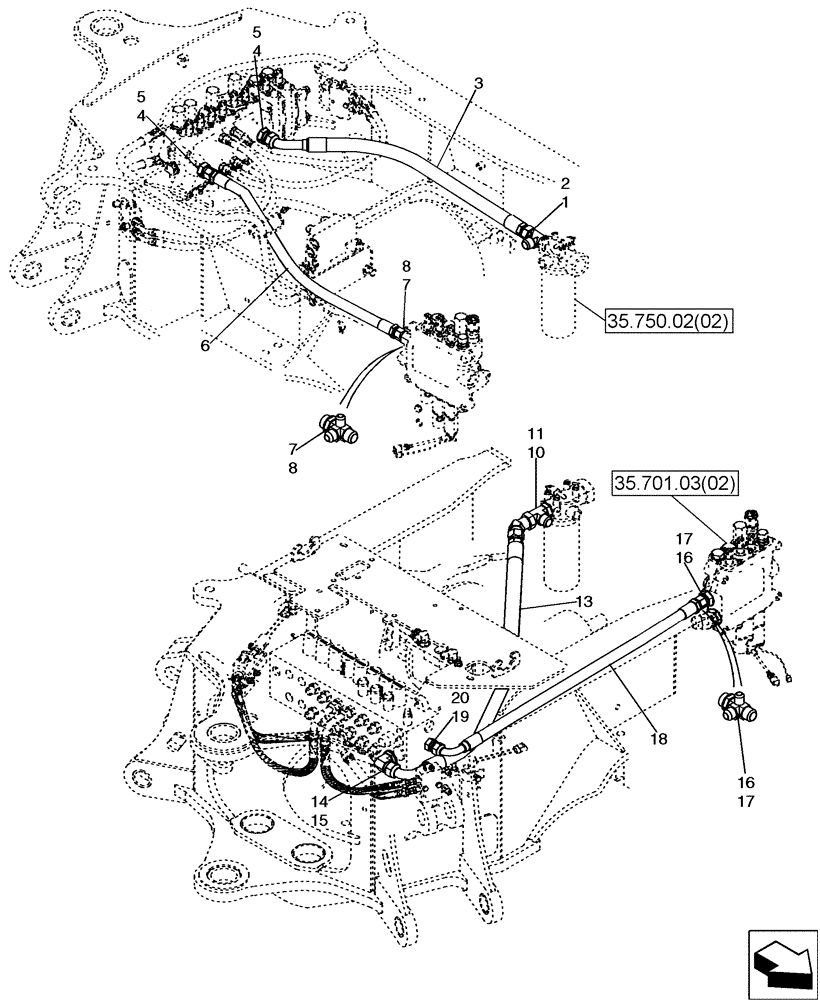 Схема запчастей Case 580SM - (35.724.01) - HYDRAULICS - LOADER VALVE AND FILTER TO BACKHOE VALVE (580SM STD. W/ MECHANICAL CONTROLS) (35) - HYDRAULIC SYSTEMS