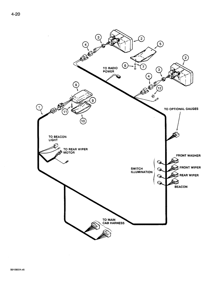 Схема запчастей Case 621 - (4-20) - CAB ROOF HARNESS, P.I.N. JAK0027512 AND AFTER (04) - ELECTRICAL SYSTEMS