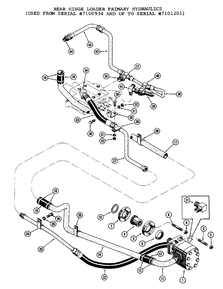 Схема запчастей Case 1000C - (218) - REAR HINGE LOADER PRIMARY HYDRAULICS, USED FROM SERIAL NO. 7100934 AND UP TO SERIAL NO. 7101201 (05) - UPPERSTRUCTURE CHASSIS