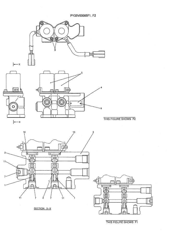 Схема запчастей Case CX36B - (07-047) - VALVE ASSY, SOLENOID, P/N PY35V00005F1, F2 ELECTRICAL AND HYDRAULIC COMPONENTS