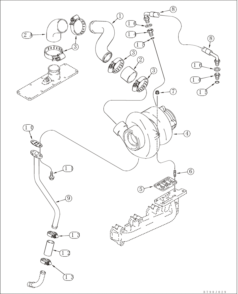 Схема запчастей Case 60XT - (02-14) - TURBOCHARGER SYSTEM, 4T-390 EMISSIONS CERTIFIED ENGINE (02) - ENGINE