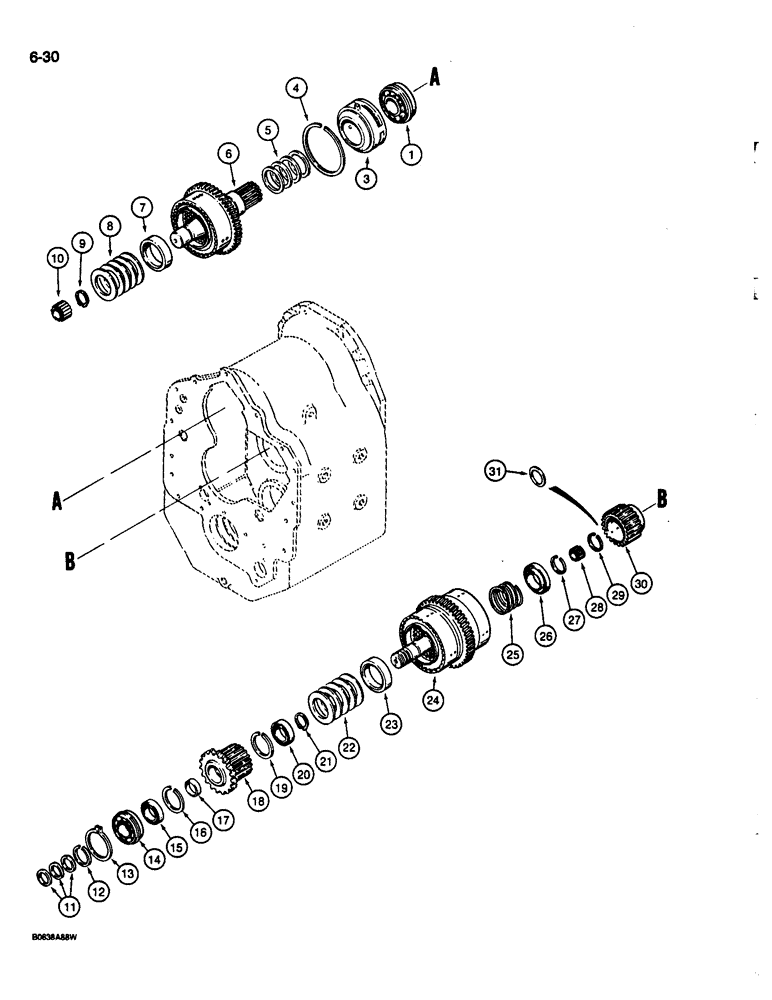 Схема запчастей Case 680L - (6-30) - TRANSMISSION FORWARD, REVERSE, AND SECOND GEARS, TWO WHEEL AND FOUR WHEEL DRIVE MODELS (06) - POWER TRAIN