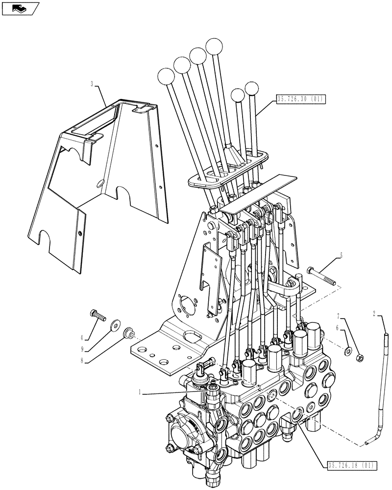 Схема запчастей Case 580SN WT - (35.726.19[01]) - VALVE INSTALL - BACKHOE CONTROL, 8 SPOOL (FOOT SWING) (35) - HYDRAULIC SYSTEMS