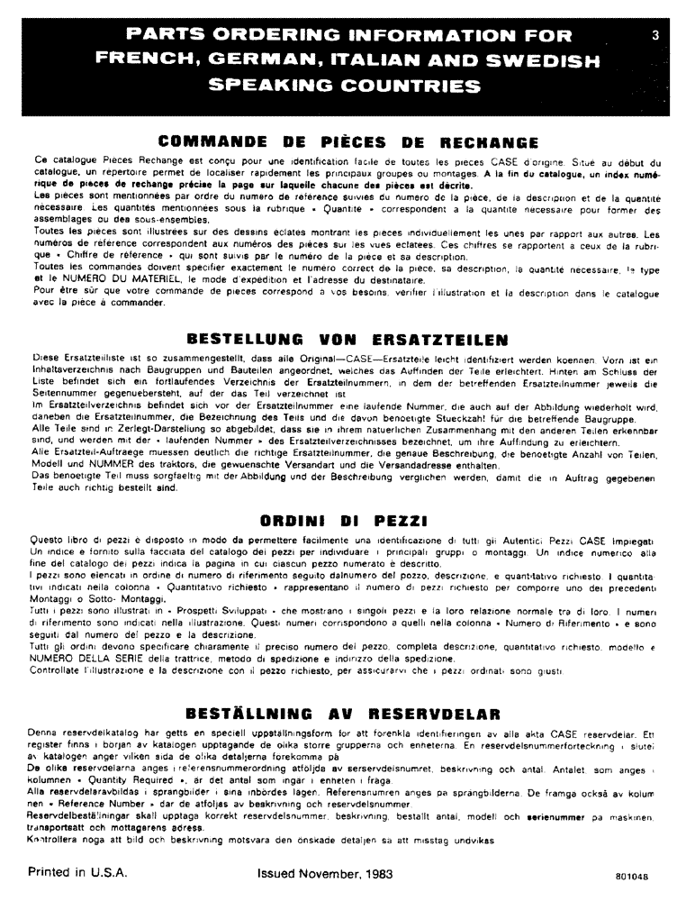 Схема запчастей Case SD100 - (003) - PARTS ORDERING INFORMATION FOR FRENCH, GERMAN, ITALIAN, AND SWEDISH SPEAKING COUNTRIES (05) - SERVICE & MAINTENANCE