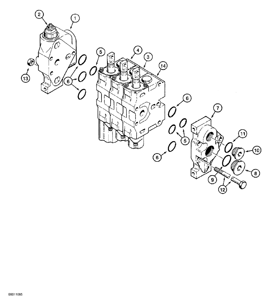 Схема запчастей Case 650G - (8-38) - THREE SPOOL CONTROL VALVE (08) - HYDRAULICS