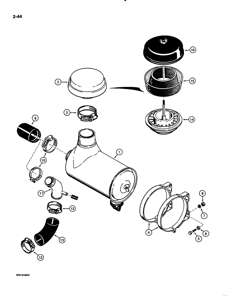 Схема запчастей Case 621 - (2-44) - AIR CLEANER AND AIR INTAKE PARTS (02) - ENGINE