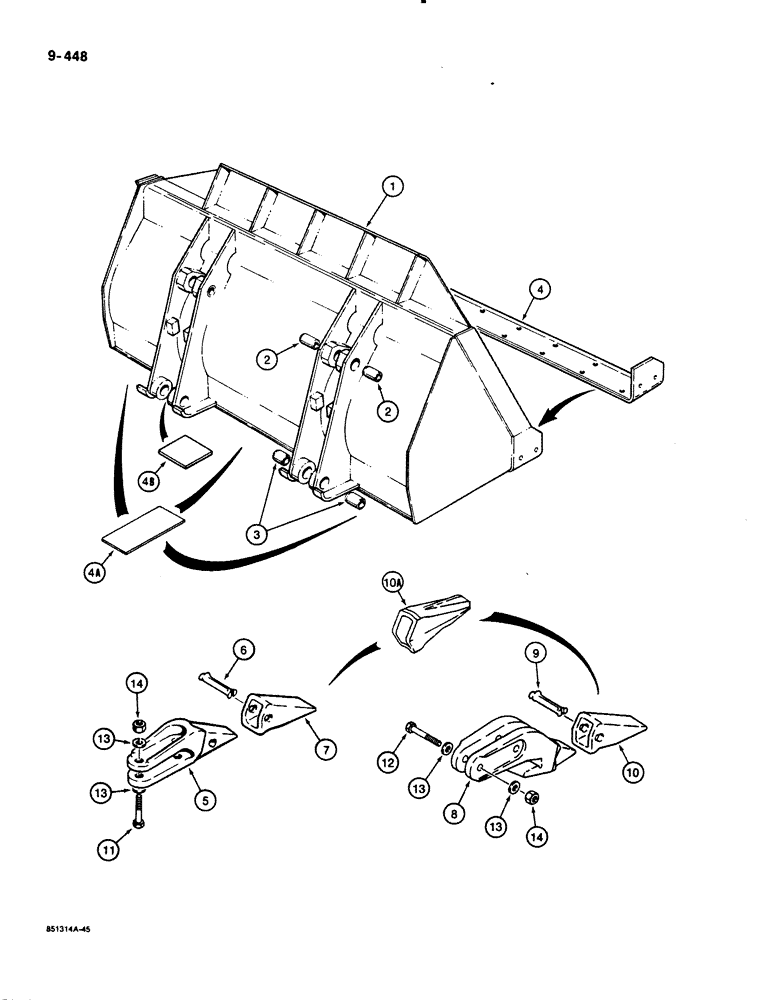 Схема запчастей Case 1450B - (9-448) - LOADER BUCKET, *WITH CORNER TEETH - TEETH USE 1" DIA 2-1/4 CUBIC YARD BCKT (1.72 CUBIC METER) (09) - CHASSIS/ATTACHMENTS