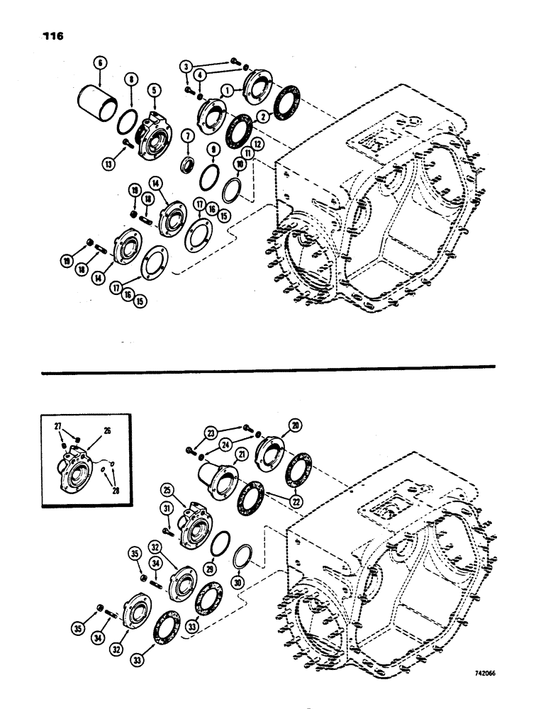 Схема запчастей Case 450 - (116) - TRANS. HOUSING REAR COVERS, USED LOADER TRANS. SN 2682386 & AFT, USED DZR & DWBR TRANS. SN 2682396 (03) - TRANSMISSION