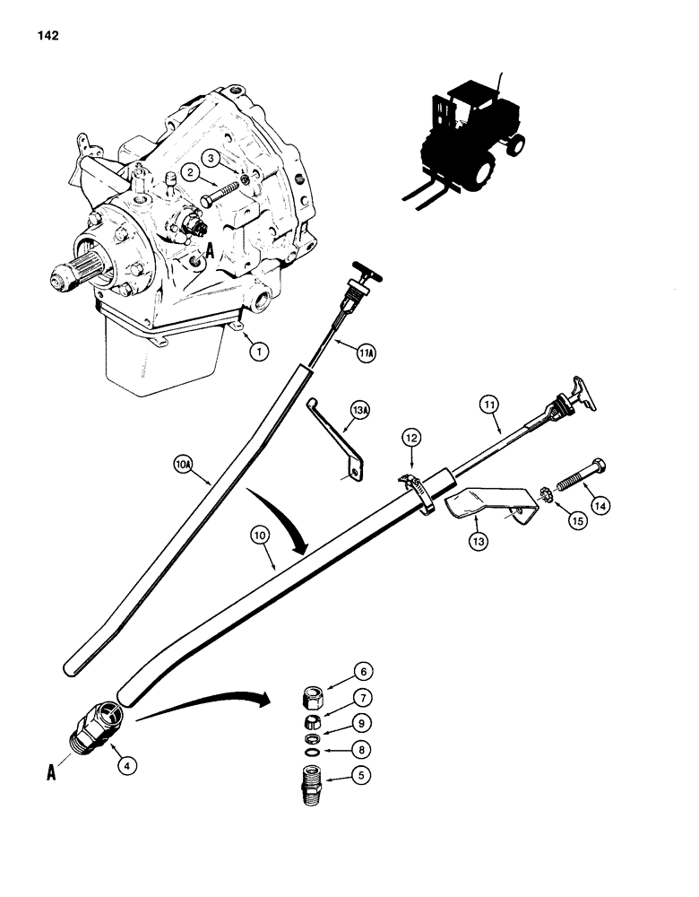 Схема запчастей Case 586D - (142) - POWER SHUTTLE MOUNTING AND DIPSTICK (21) - TRANSMISSION