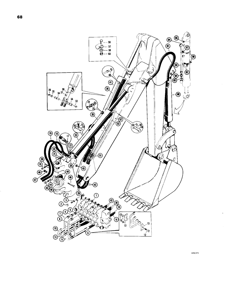 Схема запчастей Case 33 - (068) - BOOM, CROWD AND BUCKET CYLINDER HYDRAULICS, (USED ON BACKHOE SN 4141636-4157852) 