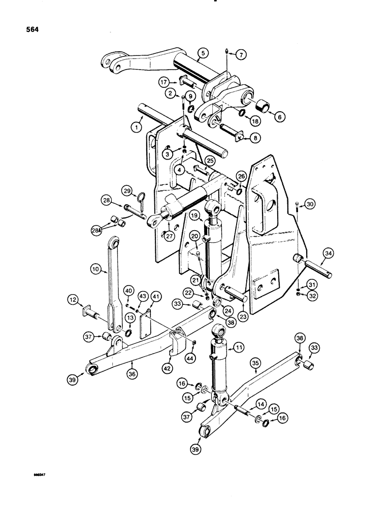 Схема запчастей Case 580E - (564) - THREE-POINT HITCH DRAFT ARMS, LINKAGE, AND CYLINDERS, USED HYDRAULIC HITCH (09) - CHASSIS/ATTACHMENTS