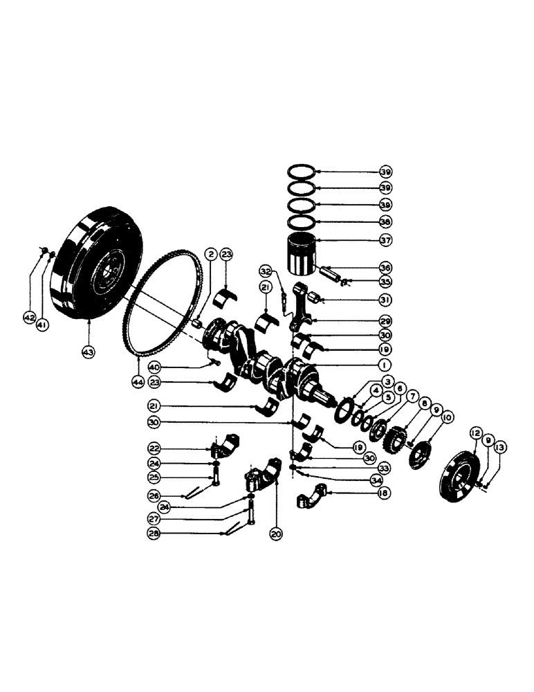 Схема запчастей Case M3B - (028) - GASOLINE ENGINE INSTALLATION, CRANKSHAFT, FLYWHEEL, CONNECTING RODS, PISTONS, RINGS, PARTS NOT SHOWN 