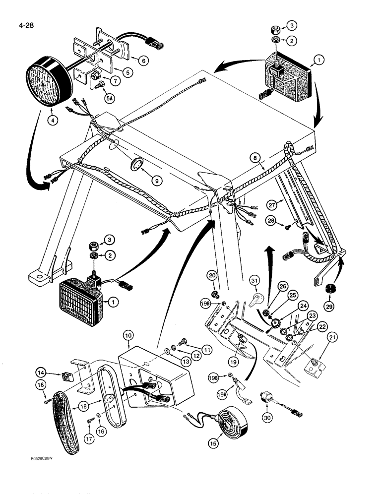 Схема запчастей Case 780D - (4-28) - TRACTOR LAMP ELECTRICAL CIRCUIT, WITH CANOPY (04) - ELECTRICAL SYSTEMS