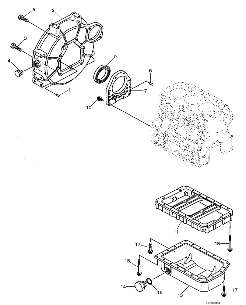 Схема запчастей Case CX14 - (02-16[00]) - FLYWHEEL HOUSING AND OIL PAN (02) - ENGINE