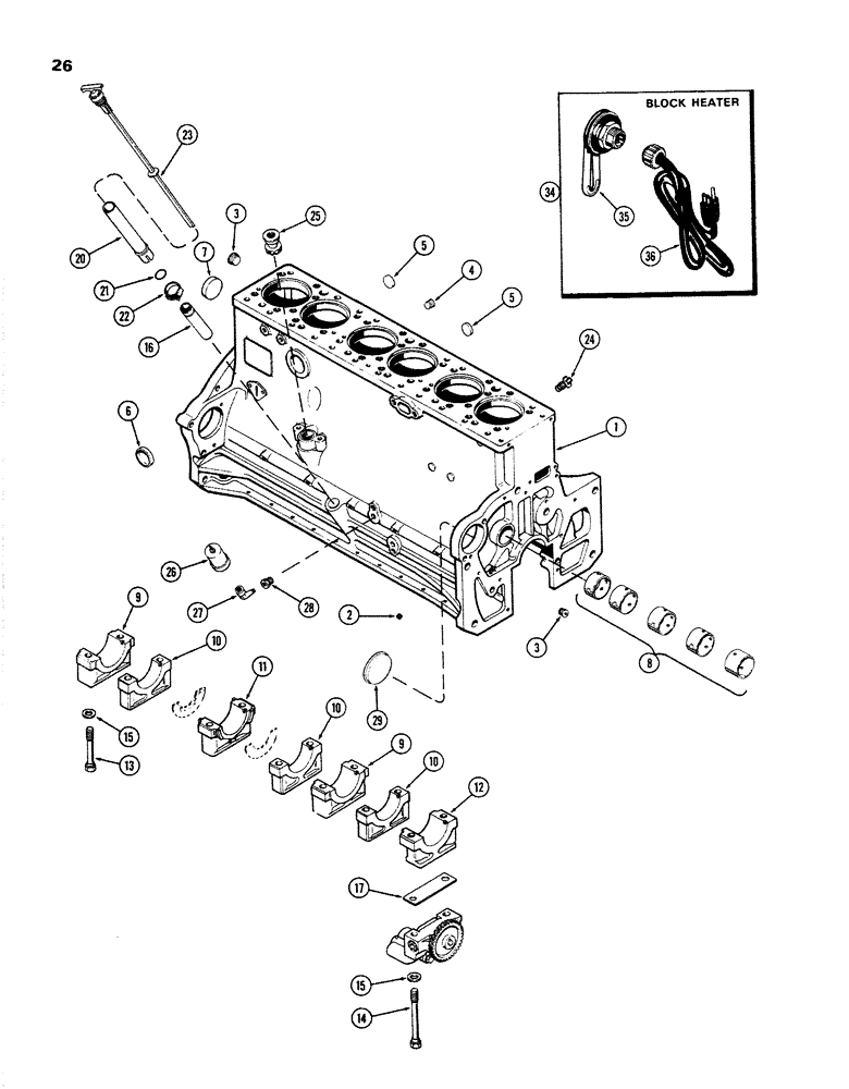 Схема запчастей Case W26B - (026) - CYLINDER BLOCK ASSEMBLY, (504BDT) DIESEL ENGINE, THICK DECK BLOCK, 1ST USED ENG. SER. NO. 2556252 (02) - ENGINE