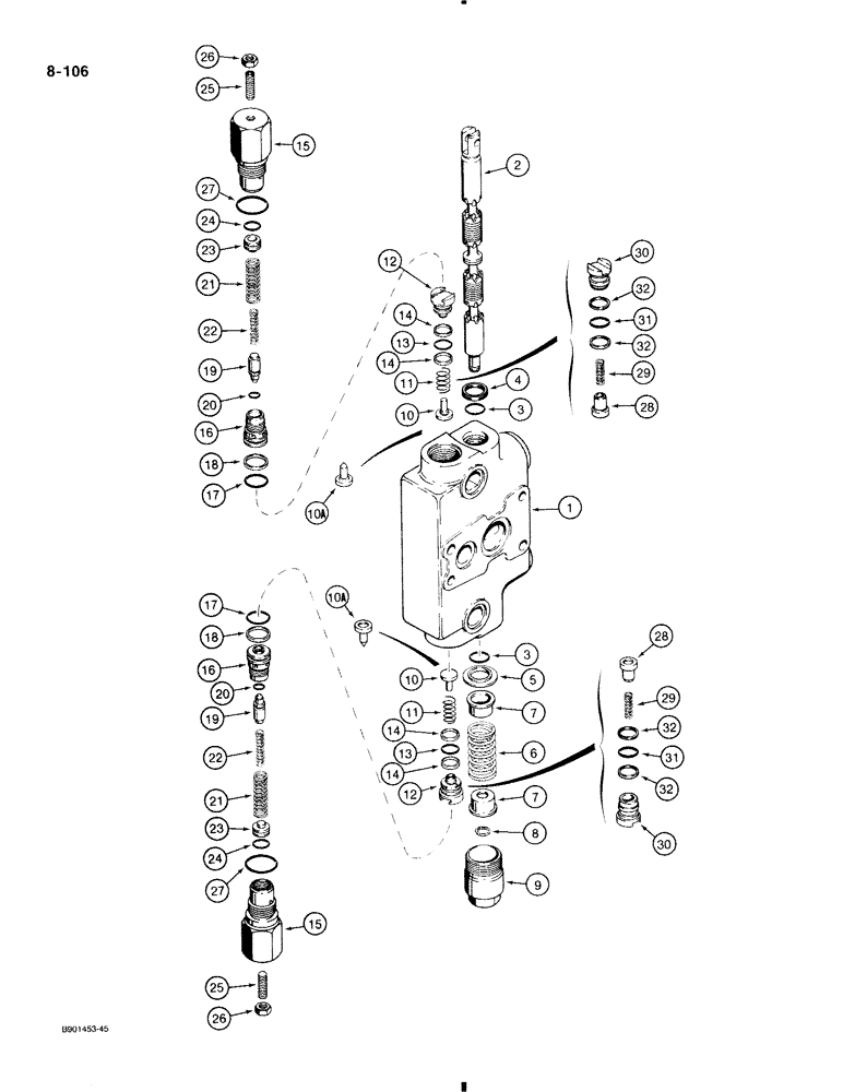 Схема запчастей Case 580K - (8-106) - BACKHOE CONTROL VALVE, BUCKET AND DIPPER SECTIONS (08) - HYDRAULICS