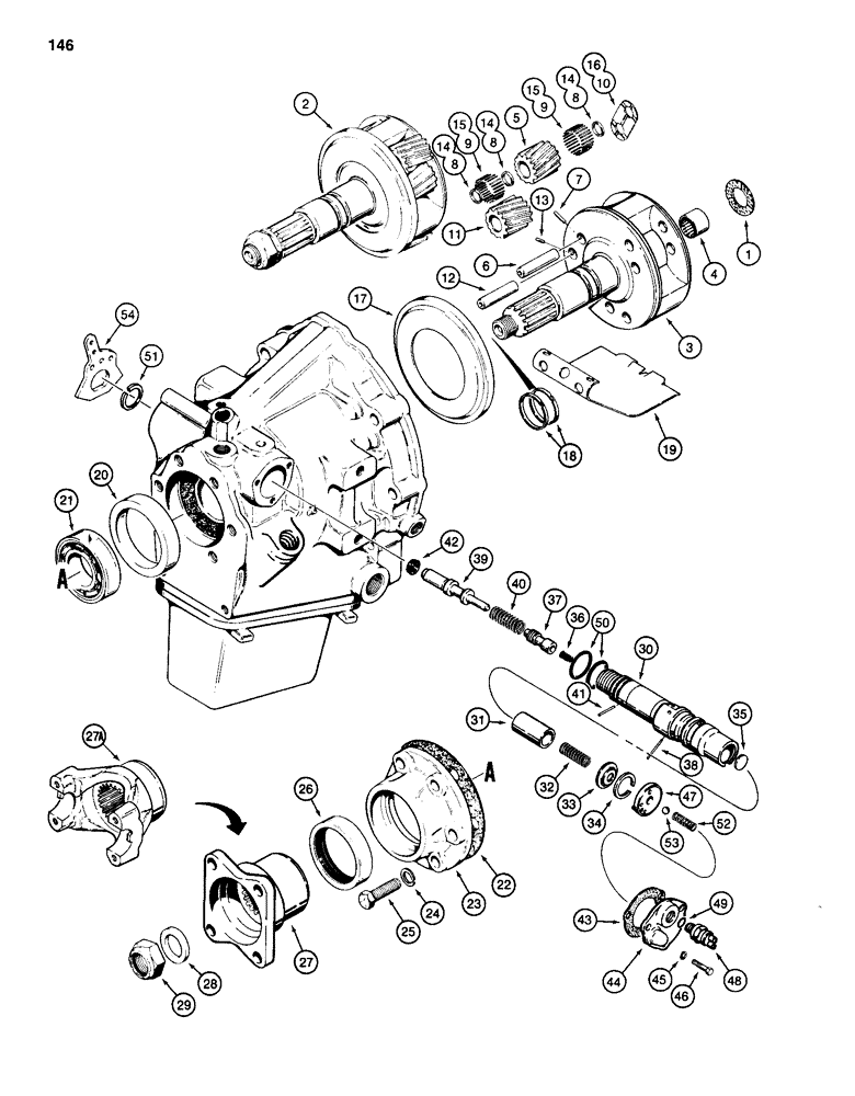 Схема запчастей Case 586D - (146) - POWER SHUTTLE, PINION CAGE, OUTPUT SHAFT AND CONTROL VALVE (21) - TRANSMISSION